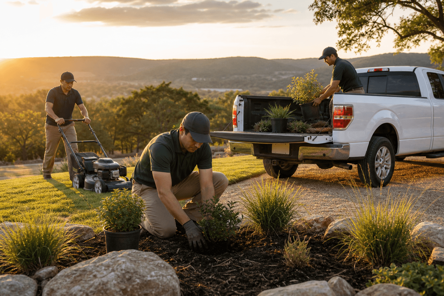 Stitch Monkeys landscape crew working outdoors at golden hour